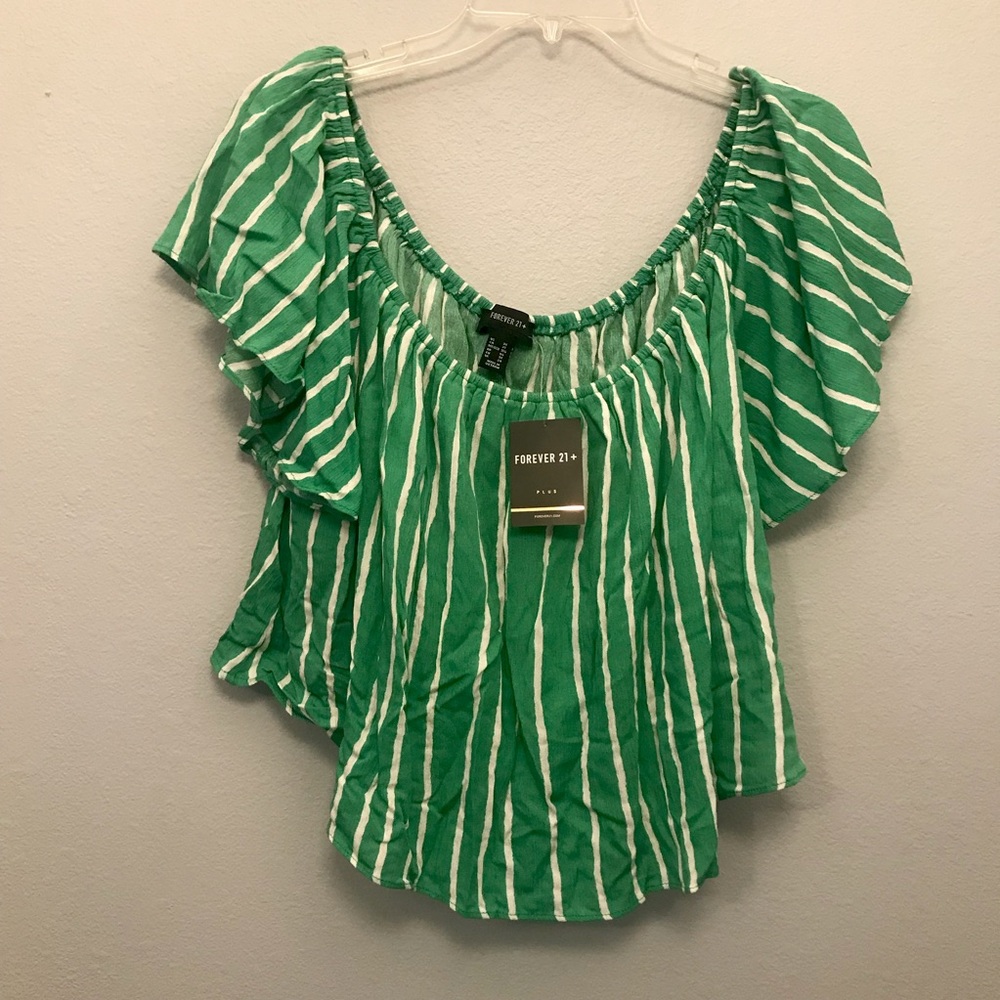 Forever 21 green and white striped off shoulder ruffle crop blouse NWT